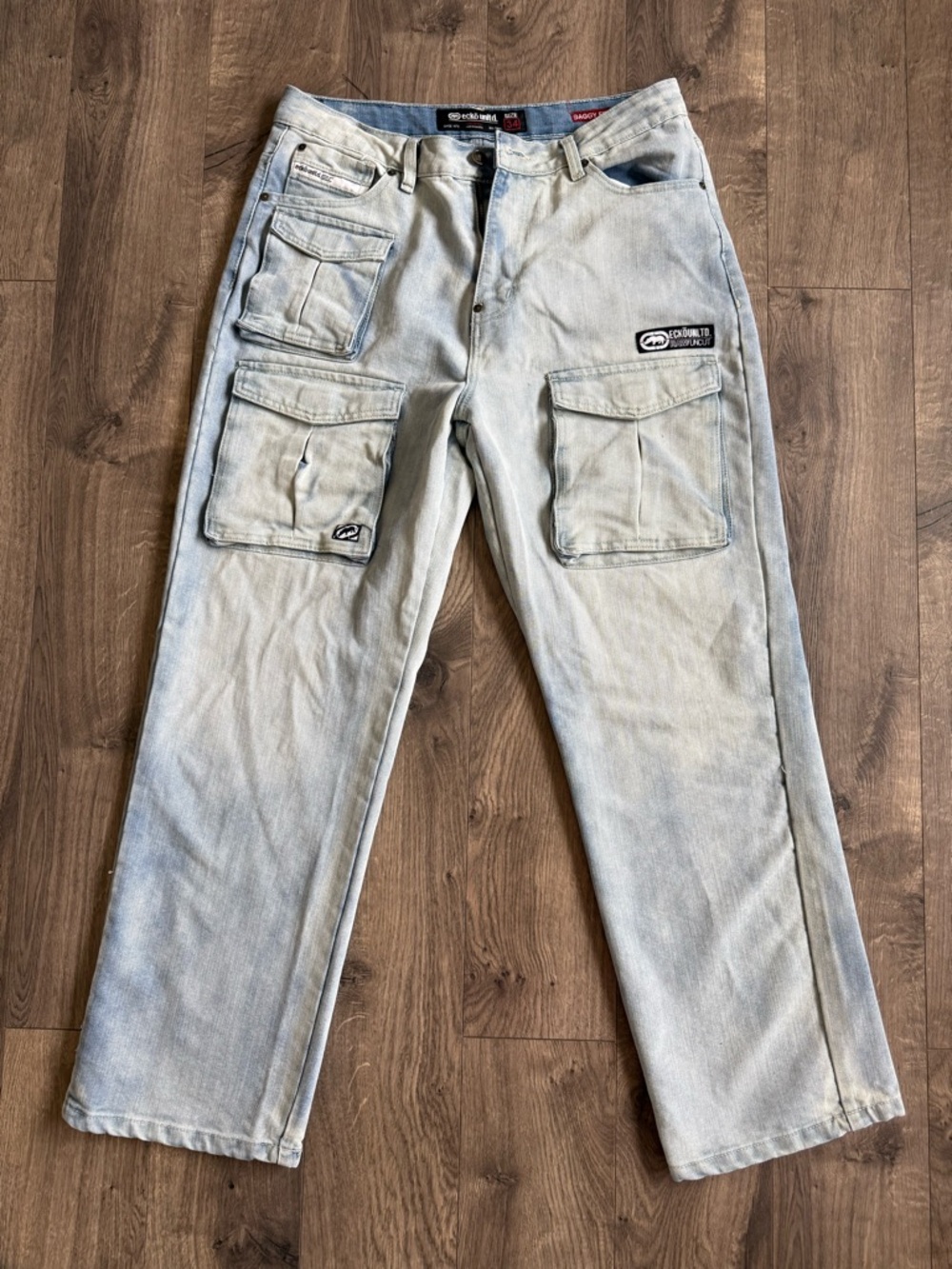 Ecko Unlimited, White Wash blue Denim Cargo Work Pants - Men's Utility Trousers